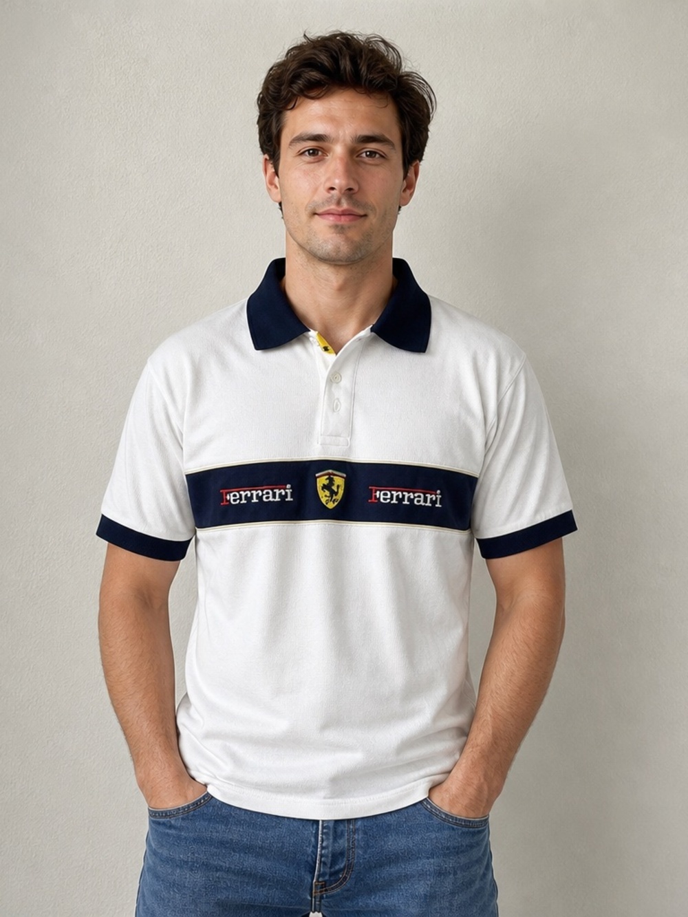 Ferrari Men's Large White Vintage 1996 Polo Shirt Michael Schumacher Formula 1